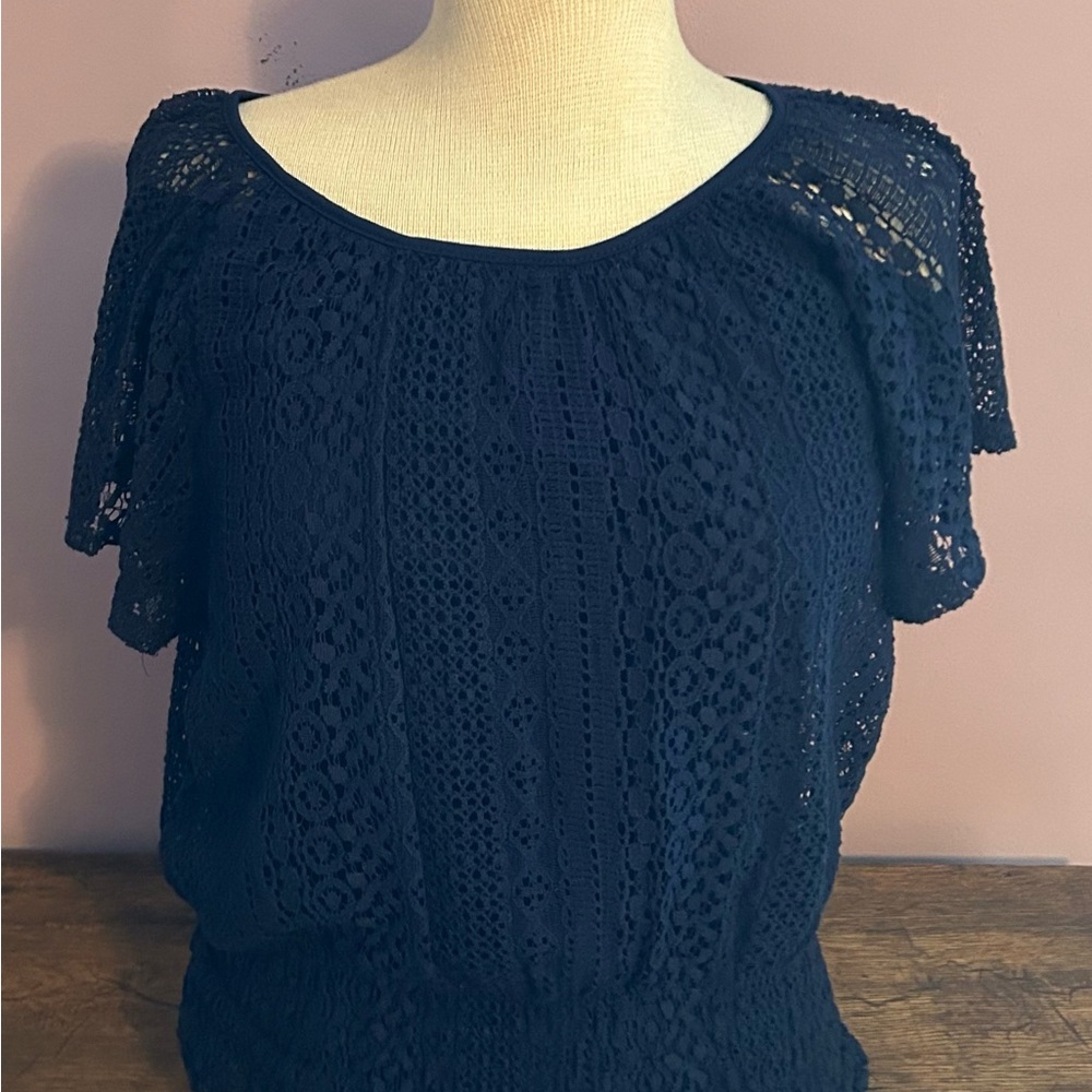Roz & Ali Navy Crocheted Blouse with Tank Lining